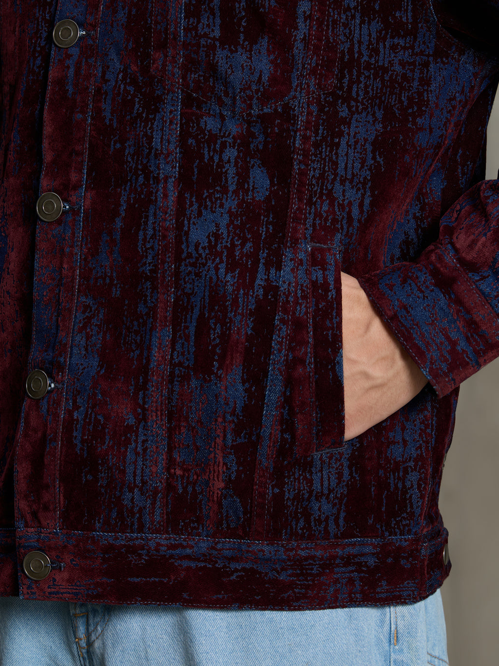 Cahoot Men's Burgundy Flock Printed Denim Trucker Jacket - view 8