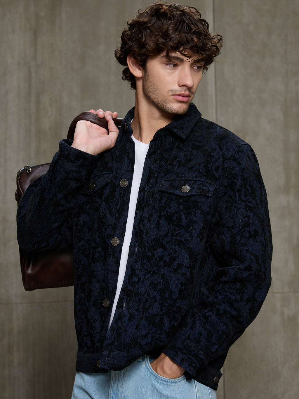 Cahoot Men's Navy & Black Floral Denim Jacquard Trucker Jacket - view 1