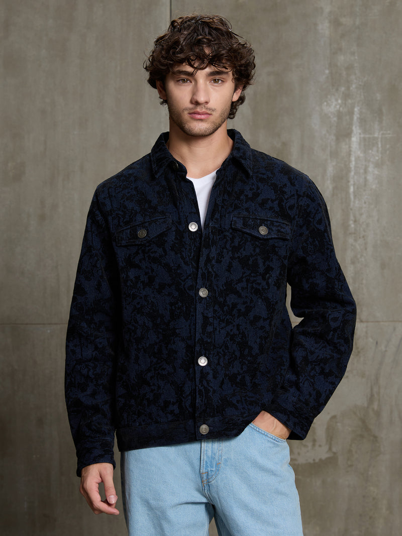 Cahoot Men's Navy & Black Floral Denim Jacquard Trucker Jacket - view 2