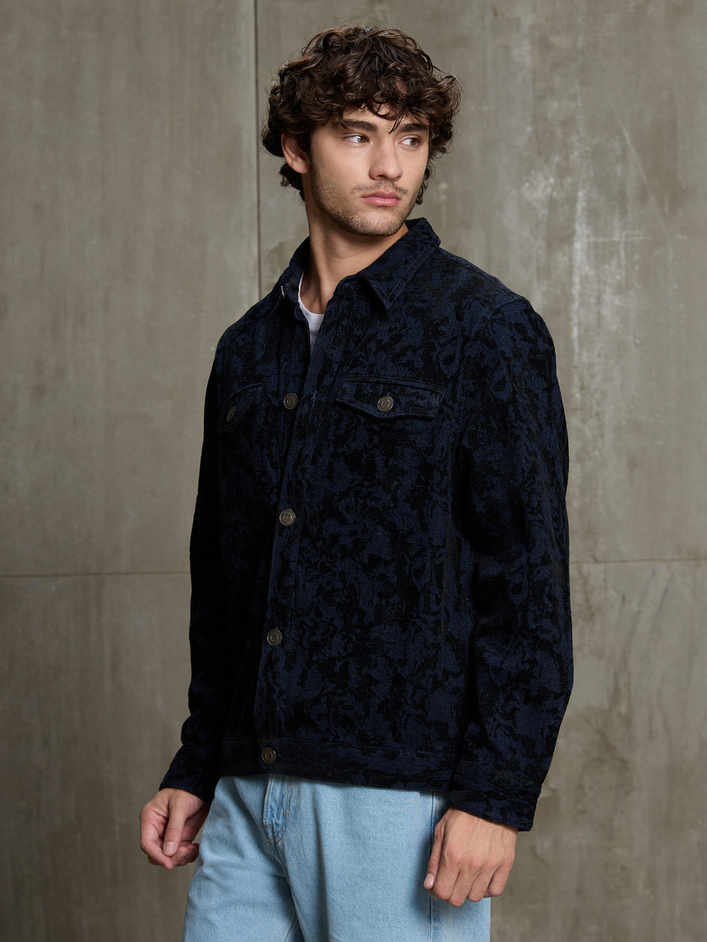 Cahoot Men's Navy & Black Floral Denim Jacquard Trucker Jacket - view 3