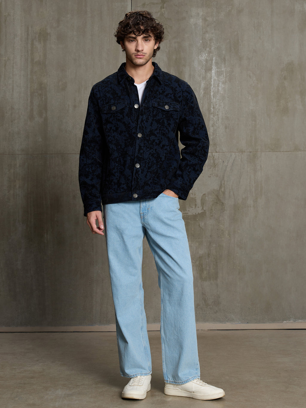 Cahoot Men's Navy & Black Floral Denim Jacquard Trucker Jacket - view 5