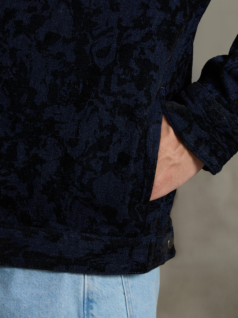 Cahoot Men's Navy & Black Floral Denim Jacquard Trucker Jacket - view 8