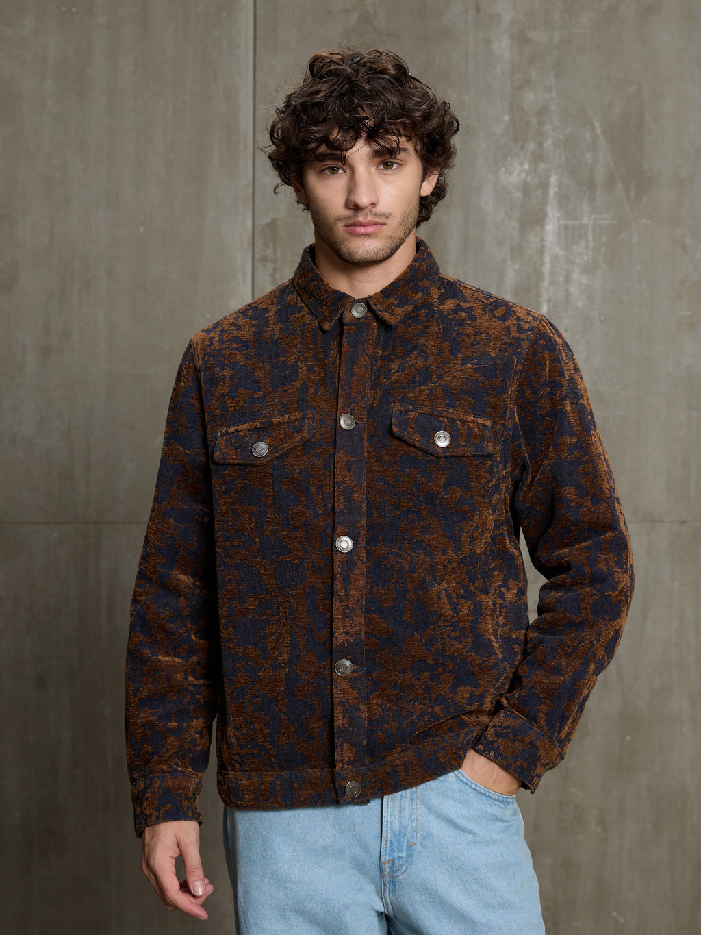 Cahoot Men's Navy & Gold Floral Denim Jacquard Trucker Jacket - view 2