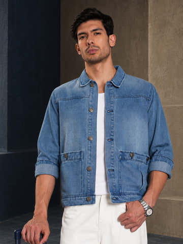Vintage Wash Denim Utility Jacket