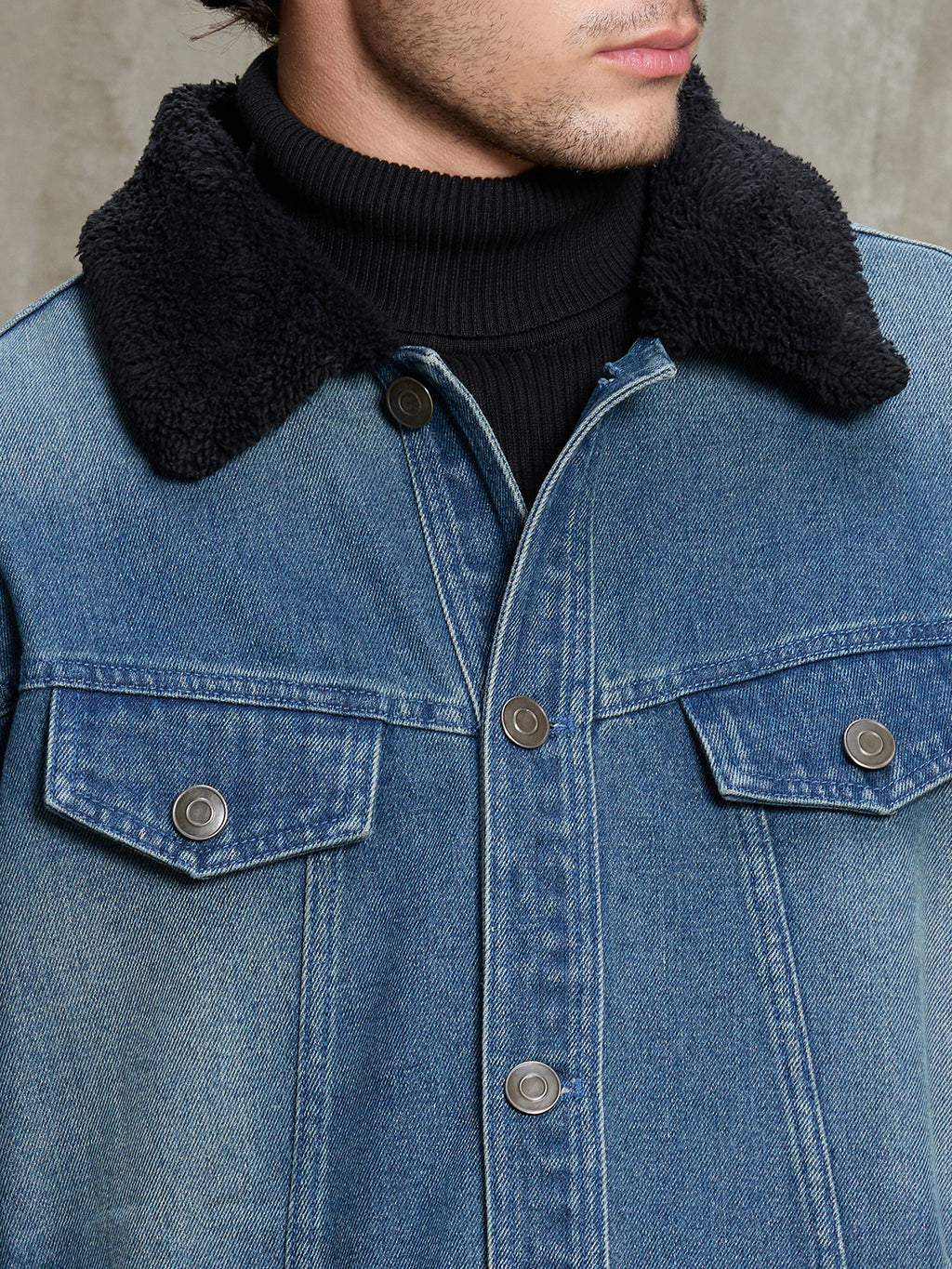 Cahoot Men's Light Blue Denim Trucker Jacket With Sherpa Collar & Cuff - view 10