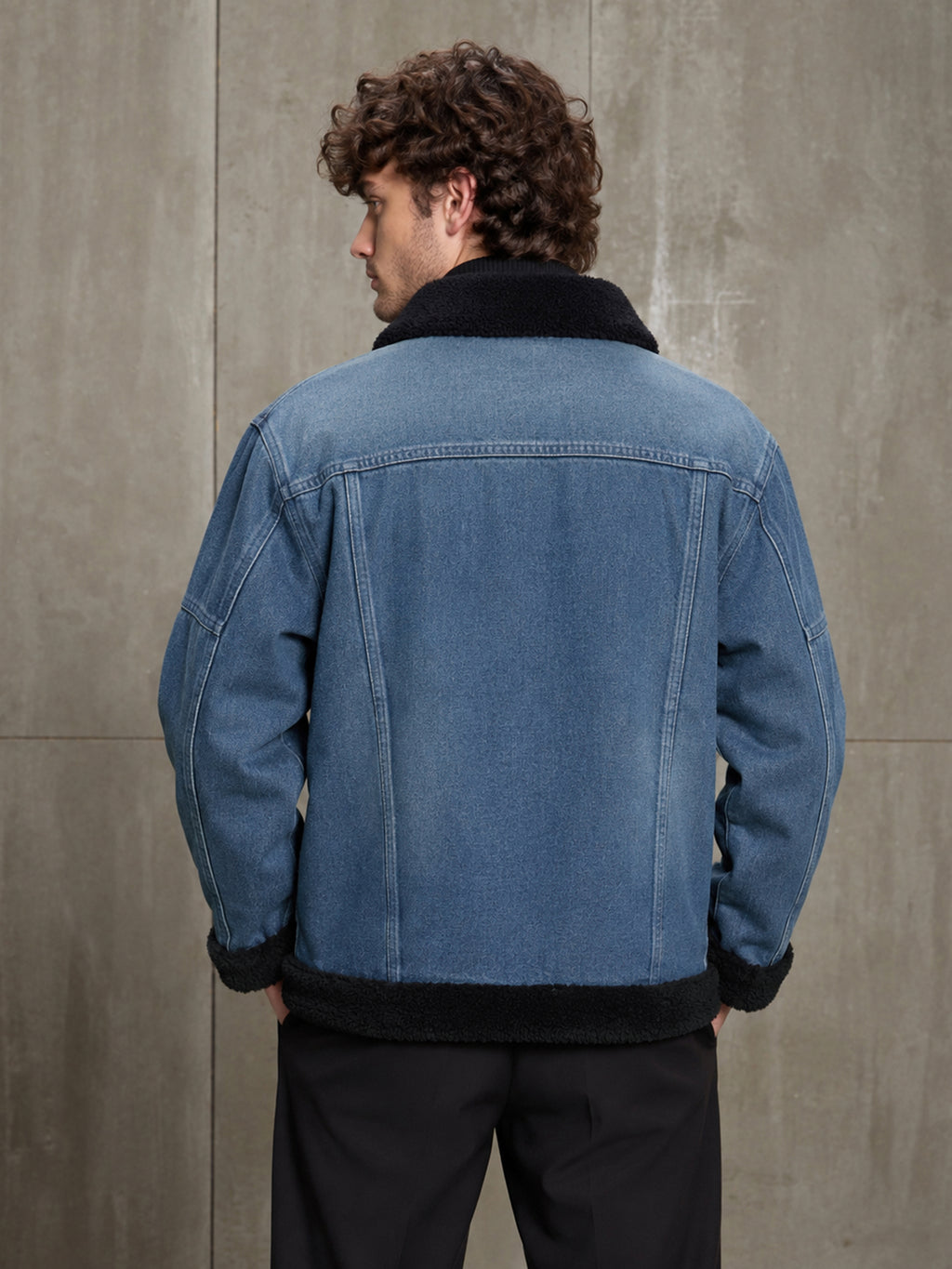 Cahoot Men's Light Blue Denim Trucker Jacket With Sherpa Collar & Cuff - view 4