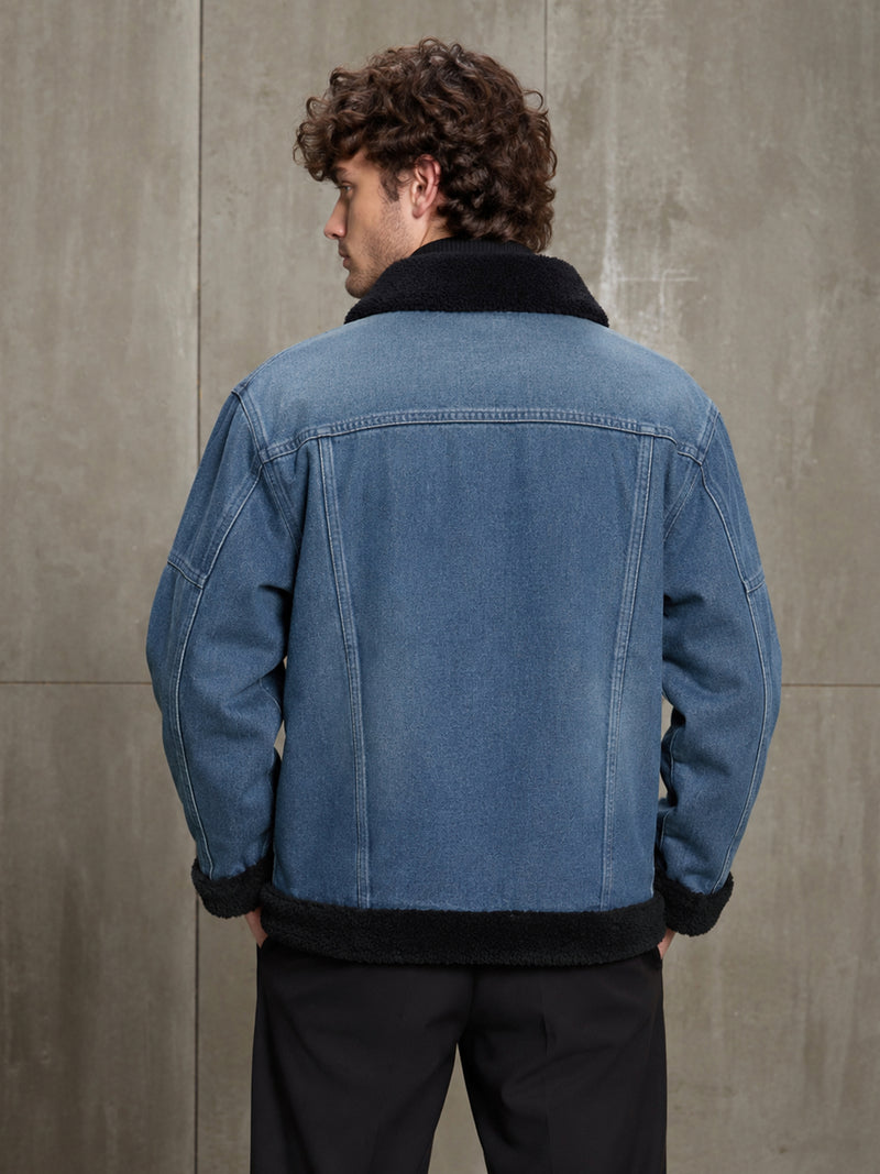 Cahoot Men's Light Blue Denim Trucker Jacket With Sherpa Collar & Cuff - view 4