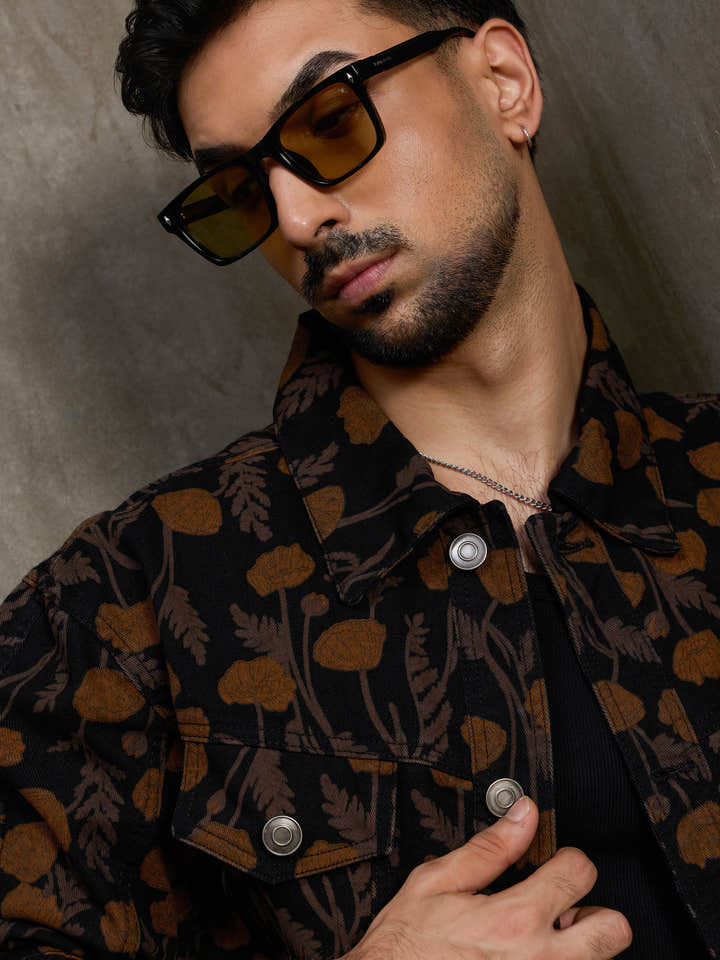 Cahoot Men's Black Autumn Floral Printed Trucker Jacket - view 10