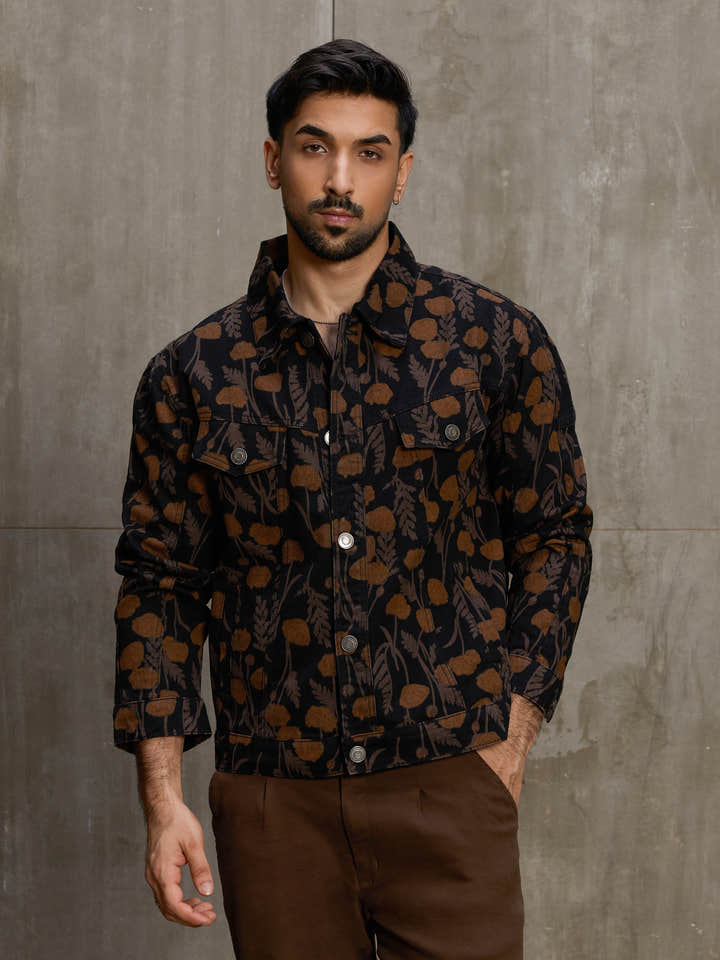 Cahoot Men's Black Autumn Floral Printed Trucker Jacket - view 2