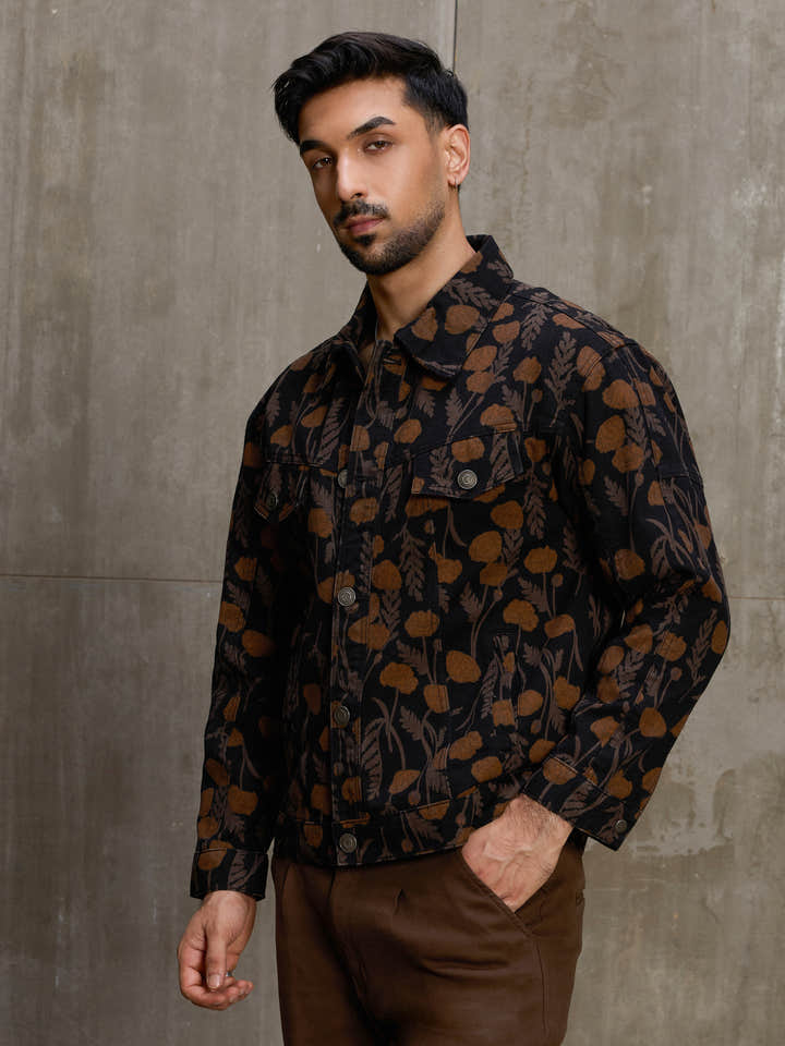 Cahoot Men's Black Autumn Floral Printed Trucker Jacket - view 3