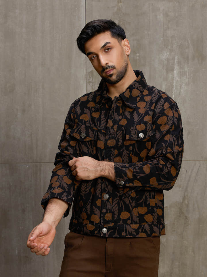 Cahoot Men's Black Autumn Floral Printed Trucker Jacket - view 5