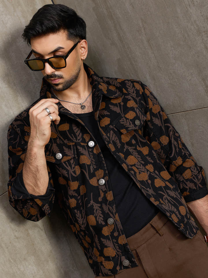 Cahoot Men's Black Autumn Floral Printed Trucker Jacket - view 6