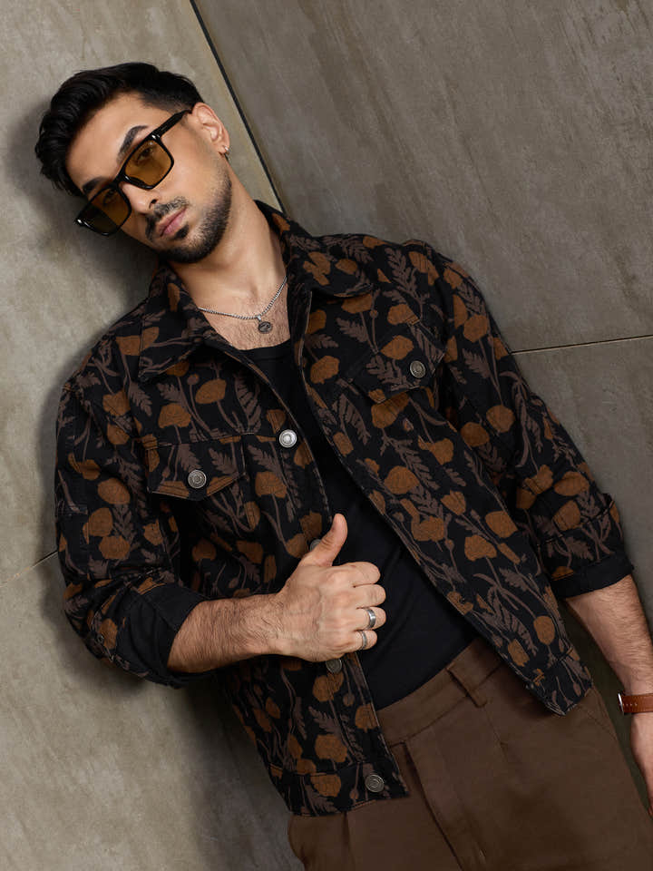 Cahoot Men's Black Autumn Floral Printed Trucker Jacket - view 7