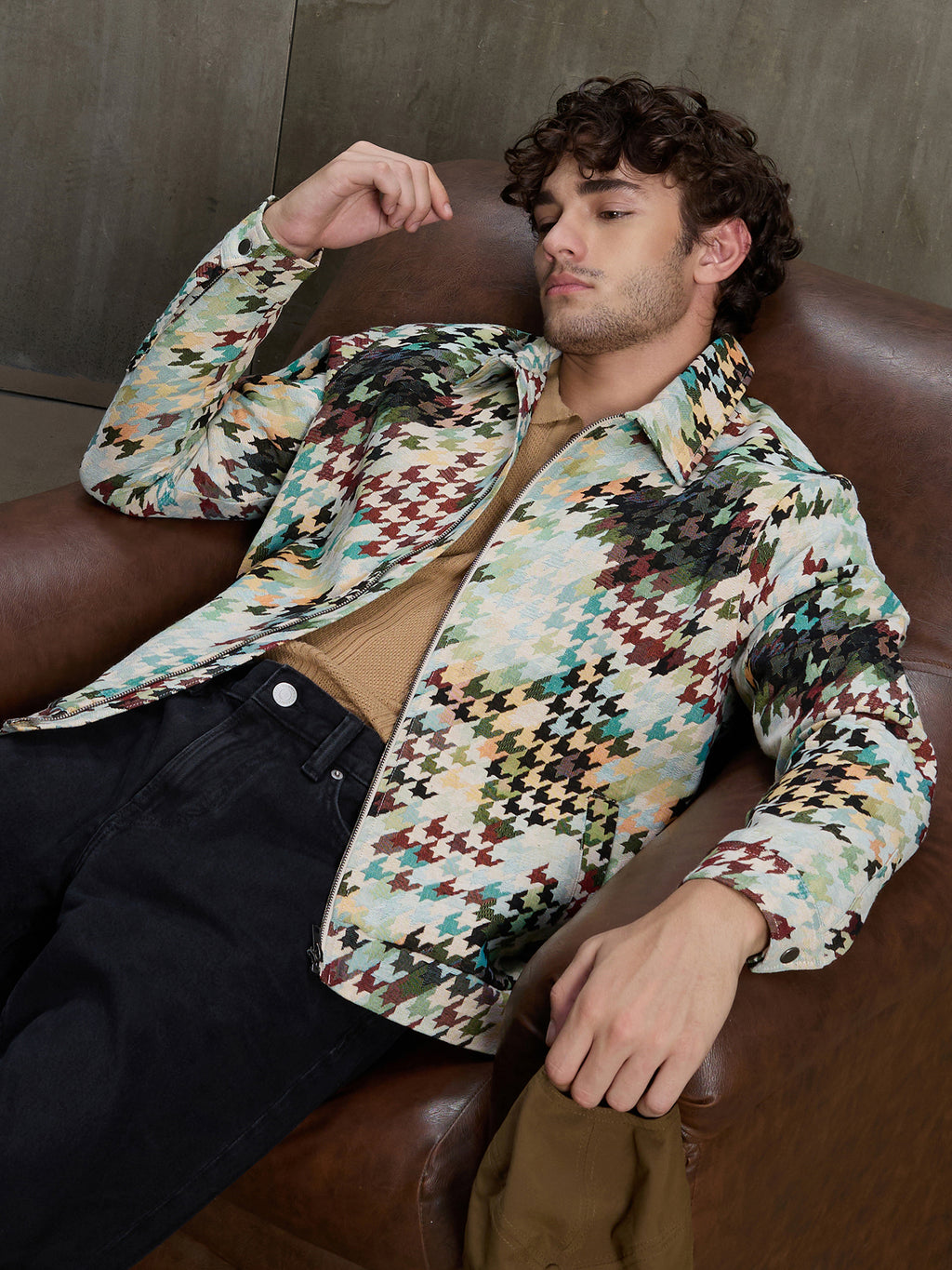 Cahoot Men's Multicoloured Houndstooth Jacquard Lined Trucker Jacket - view 1