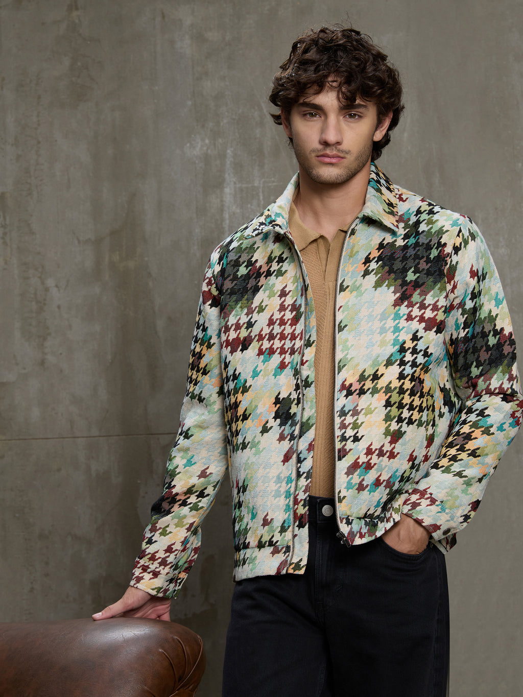 Cahoot Men's Multicoloured Houndstooth Jacquard Lined Trucker Jacket - view 2
