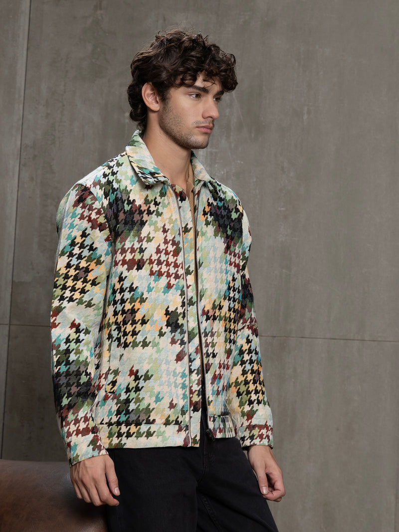 Cahoot Men's Multicoloured Houndstooth Jacquard Lined Trucker Jacket - view 3