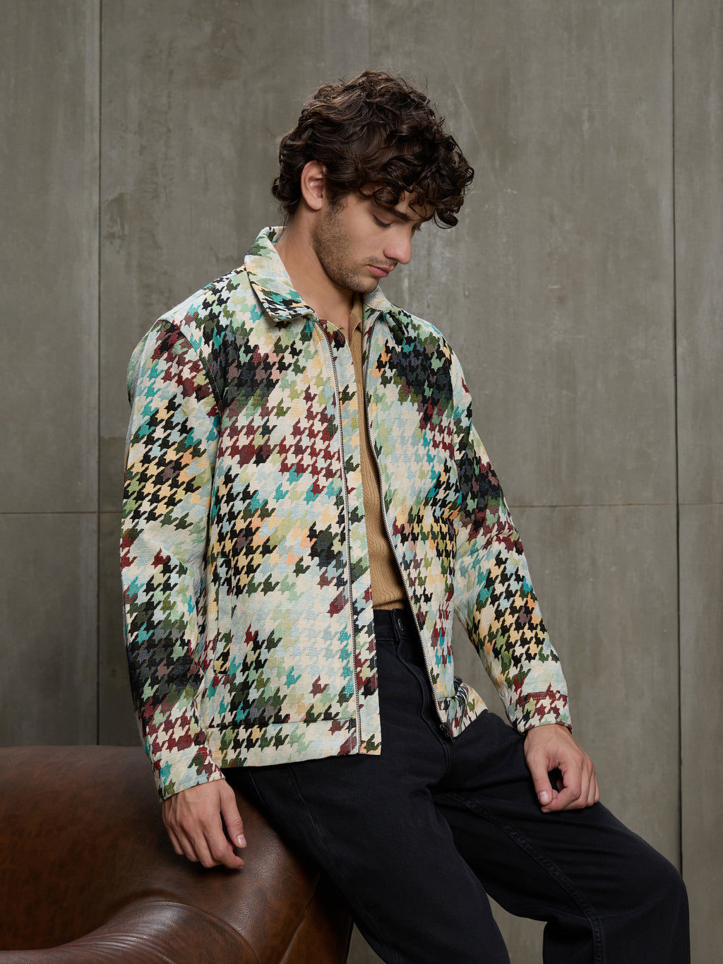 Cahoot Men's Multicoloured Houndstooth Jacquard Lined Trucker Jacket - view 5