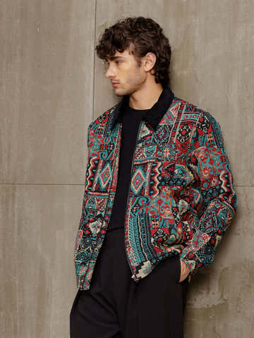 Geometric Jacquard Lined Jacket With Corduroy Collar