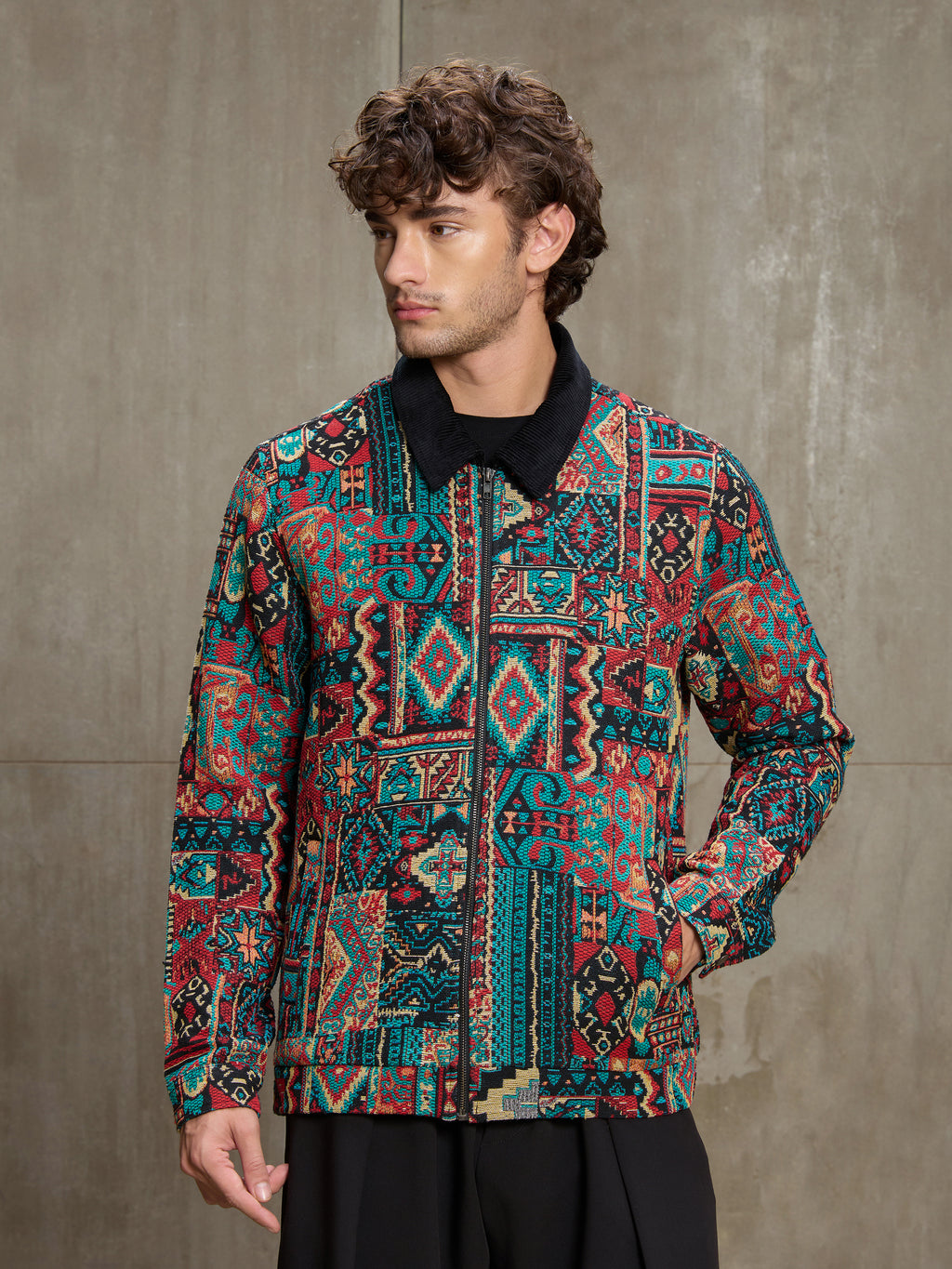 Cahoot Men's Multicoloured Geometric Jacquard Lined Jacket With Corduroy Collar - view 2