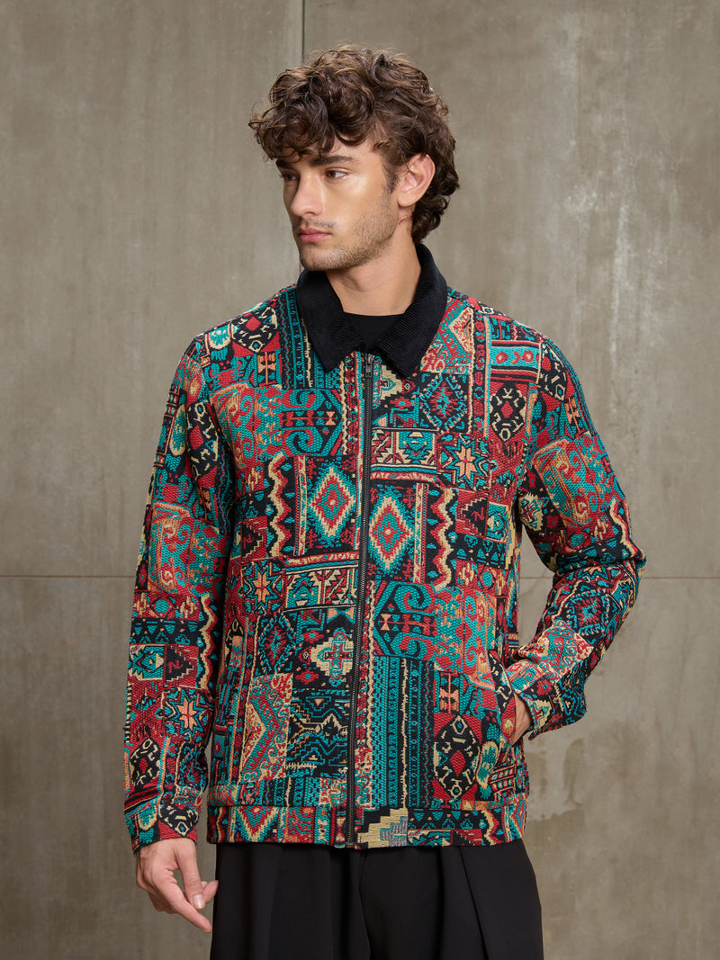 Cahoot Men's Multicoloured Geometric Jacquard Lined Jacket With Corduroy Collar - view 2
