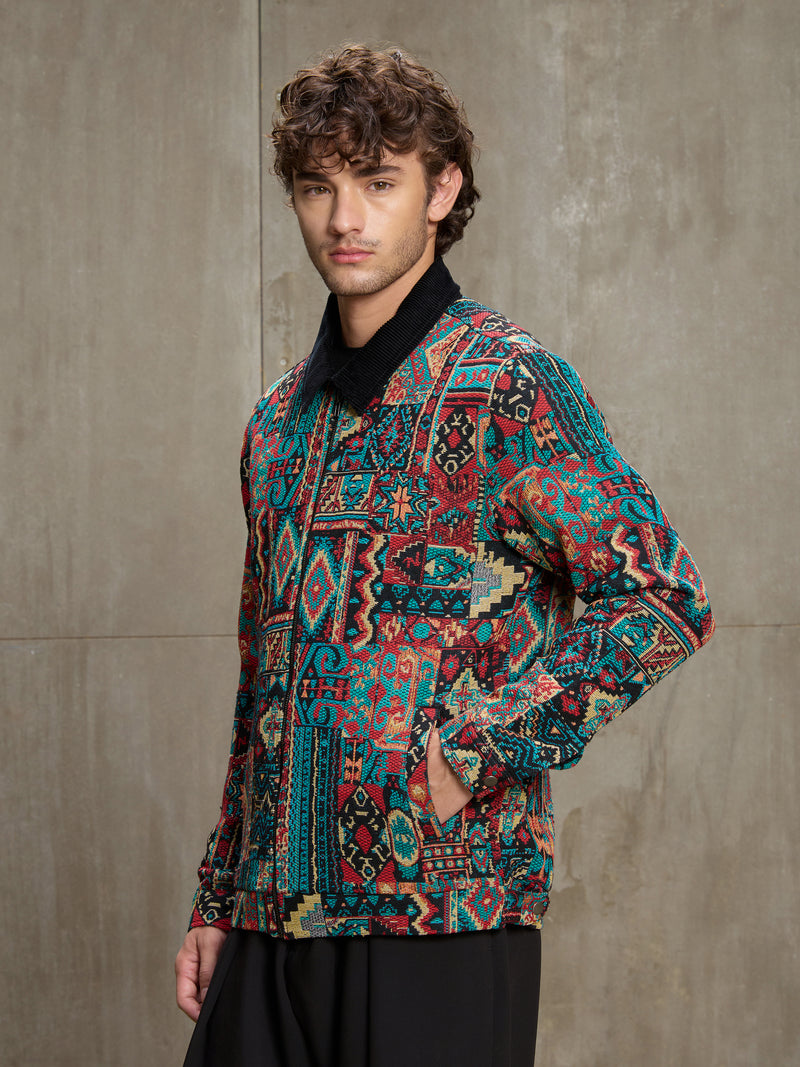 Cahoot Men's Multicoloured Geometric Jacquard Lined Jacket With Corduroy Collar - view 3
