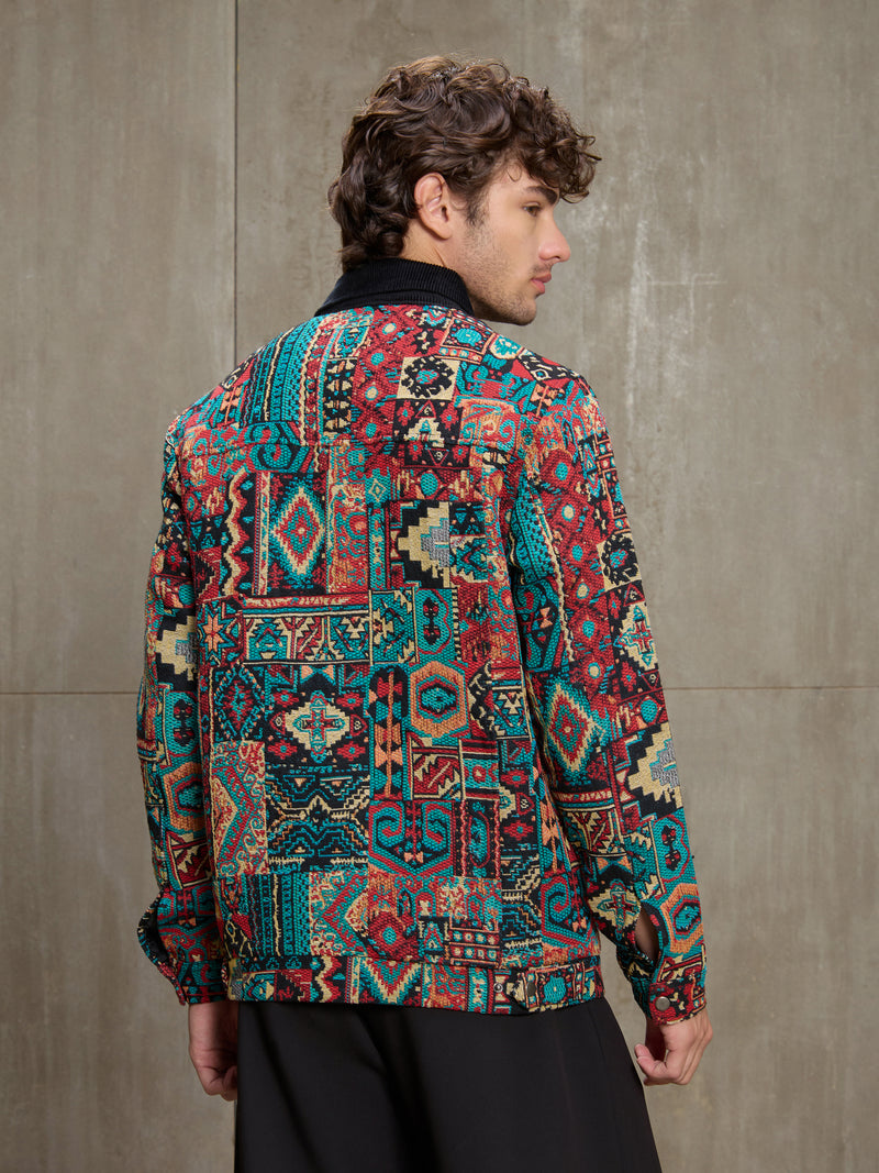 Cahoot Men's Multicoloured Geometric Jacquard Lined Jacket With Corduroy Collar - view 4