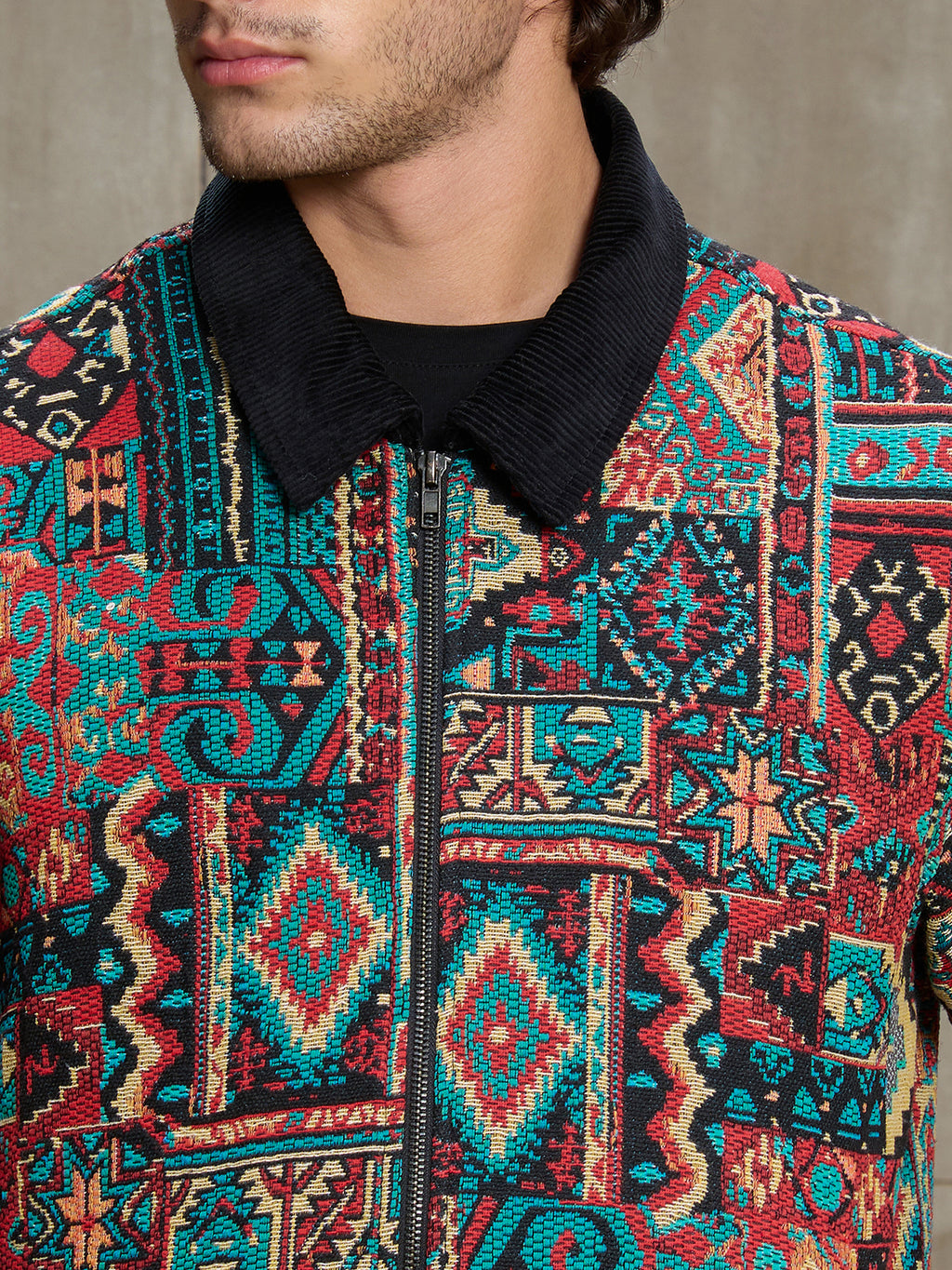 Cahoot Men's Multicoloured Geometric Jacquard Lined Jacket With Corduroy Collar - view 6