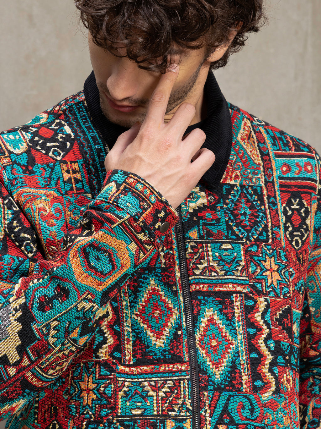 Cahoot Men's Multicoloured Geometric Jacquard Lined Jacket With Corduroy Collar - view 8
