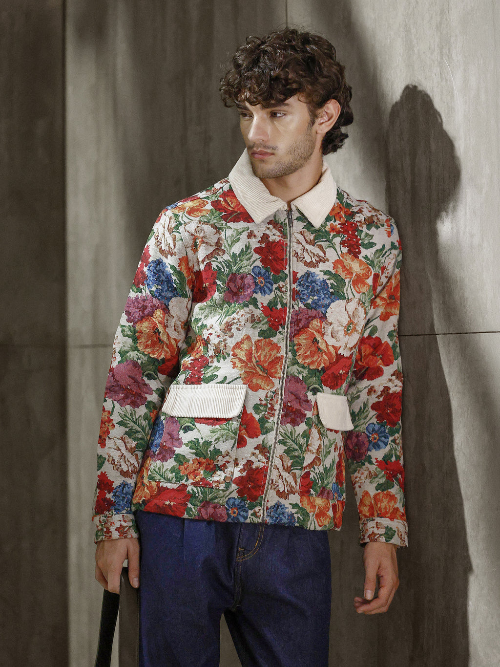 Cahoot Men's Cream Floral Tapestry Jacquard Jacket With Corduroy Detailing - view 1