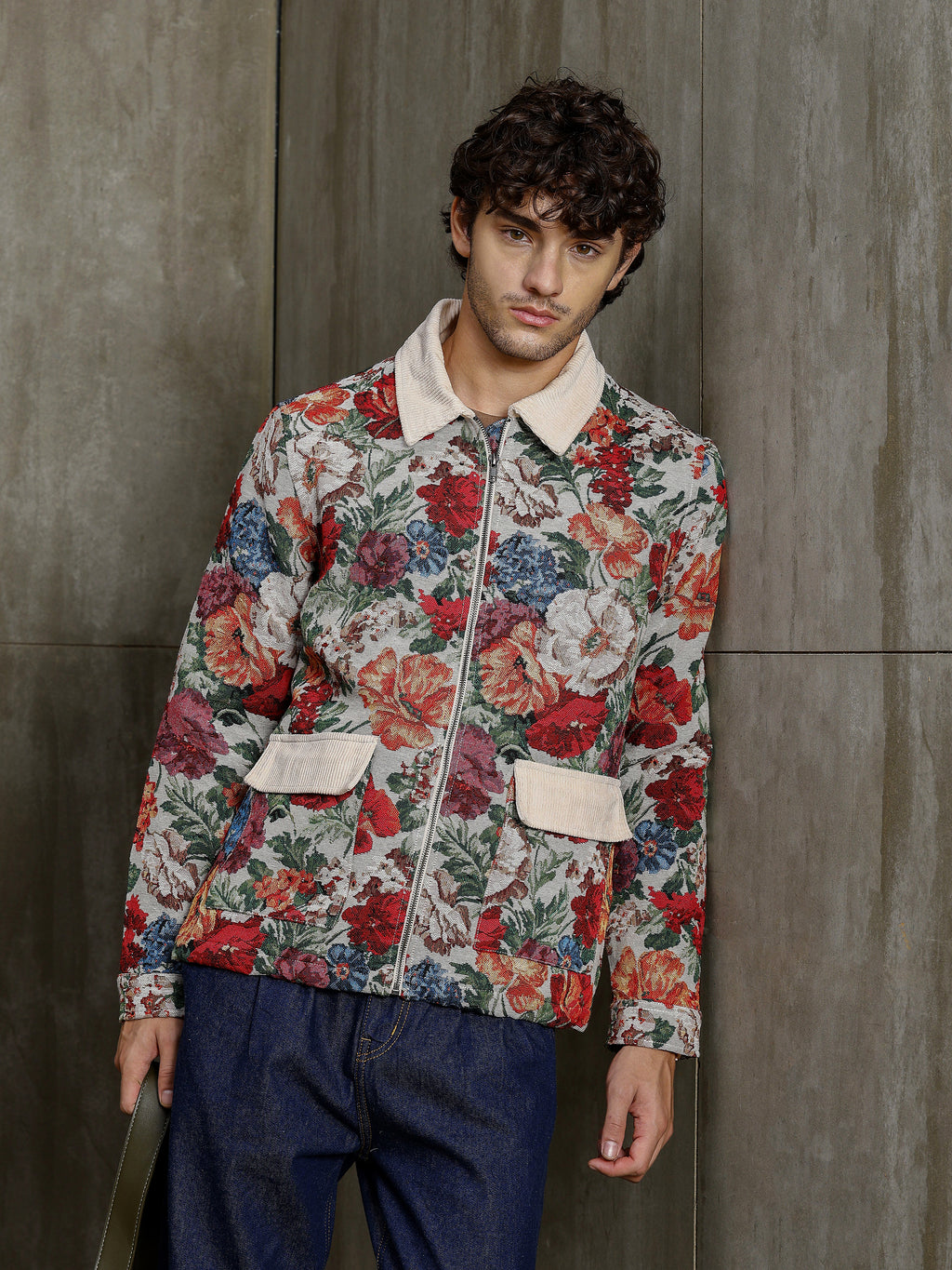 Cahoot Men's Cream Floral Tapestry Jacquard Jacket With Corduroy Detailing - view 2
