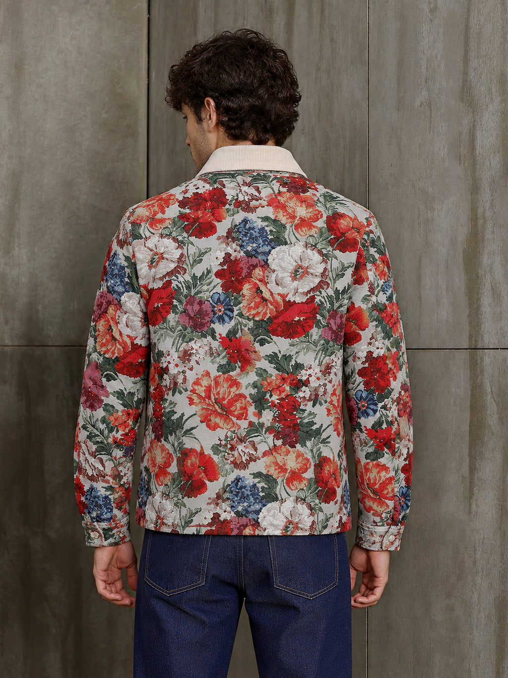 Cahoot Men's Cream Floral Tapestry Jacquard Jacket With Corduroy Detailing - view 3