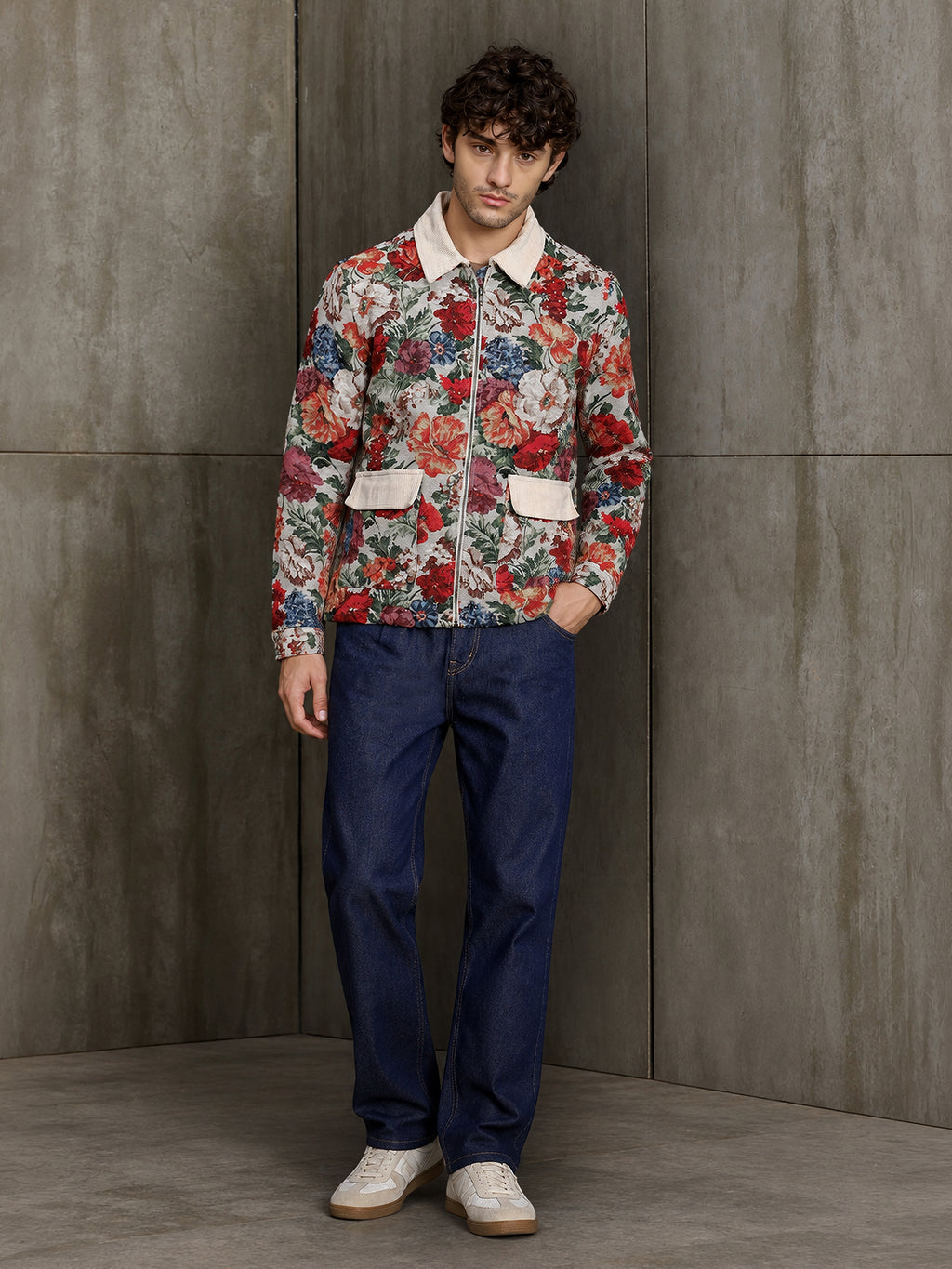 Cahoot Men's Cream Floral Tapestry Jacquard Jacket With Corduroy Detailing - view 4
