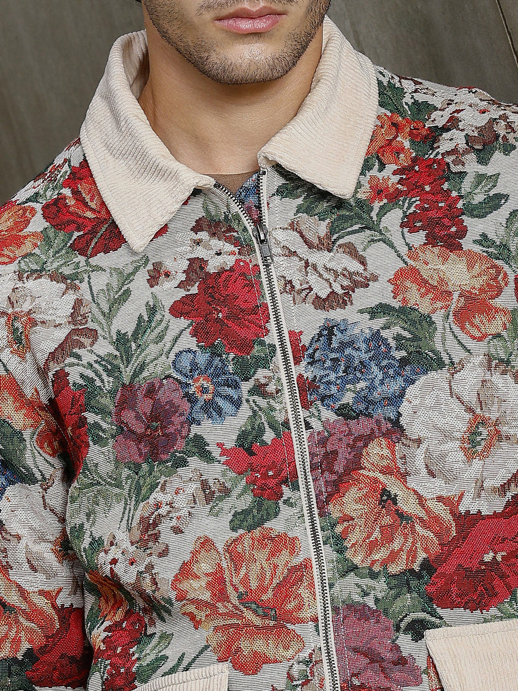 Cahoot Men's Cream Floral Tapestry Jacquard Jacket With Corduroy Detailing - view 6
