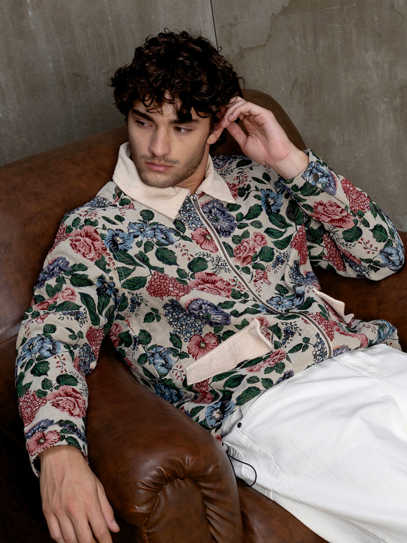 Cahoot Men's Beige Floral Tapestry Jacquard Jacket With Corduroy Detailing - view 1