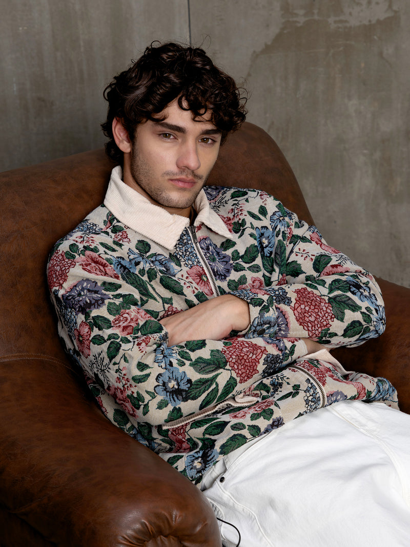 Cahoot Men's Beige Floral Tapestry Jacquard Jacket With Corduroy Detailing - view 10