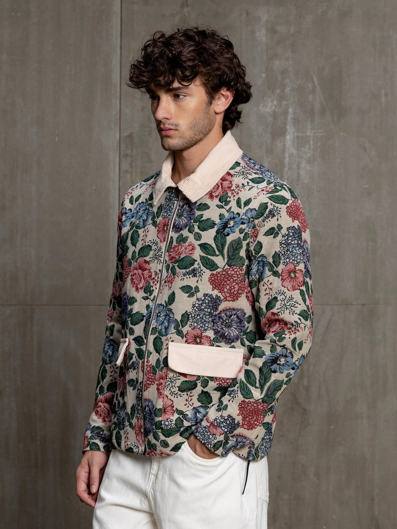 Cahoot Men's Beige Floral Tapestry Jacquard Jacket With Corduroy Detailing - view 3