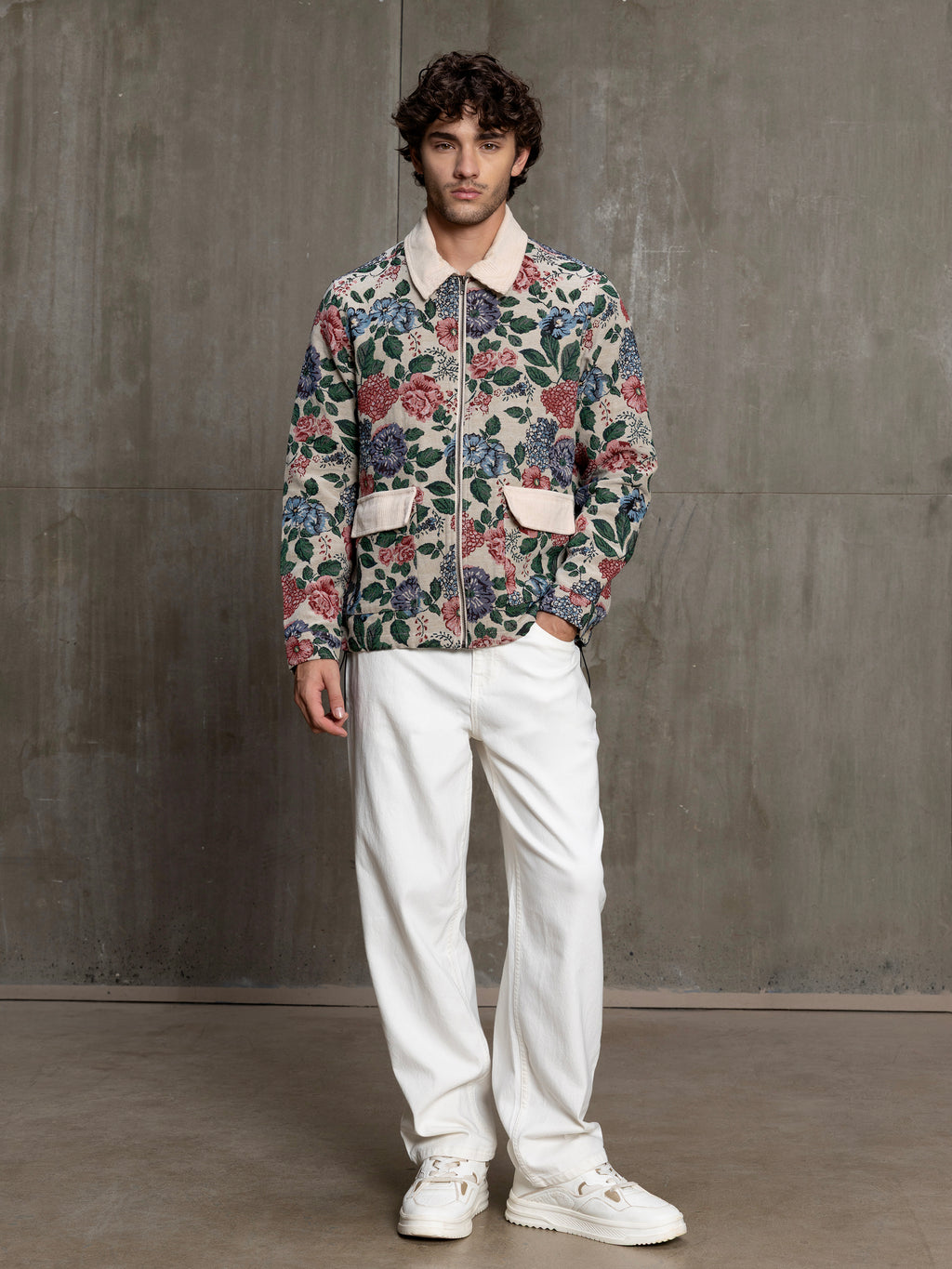 Cahoot Men's Beige Floral Tapestry Jacquard Jacket With Corduroy Detailing - view 5