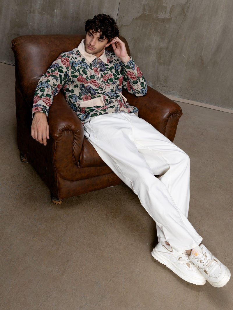 Cahoot Men's Beige Floral Tapestry Jacquard Jacket With Corduroy Detailing - view 6