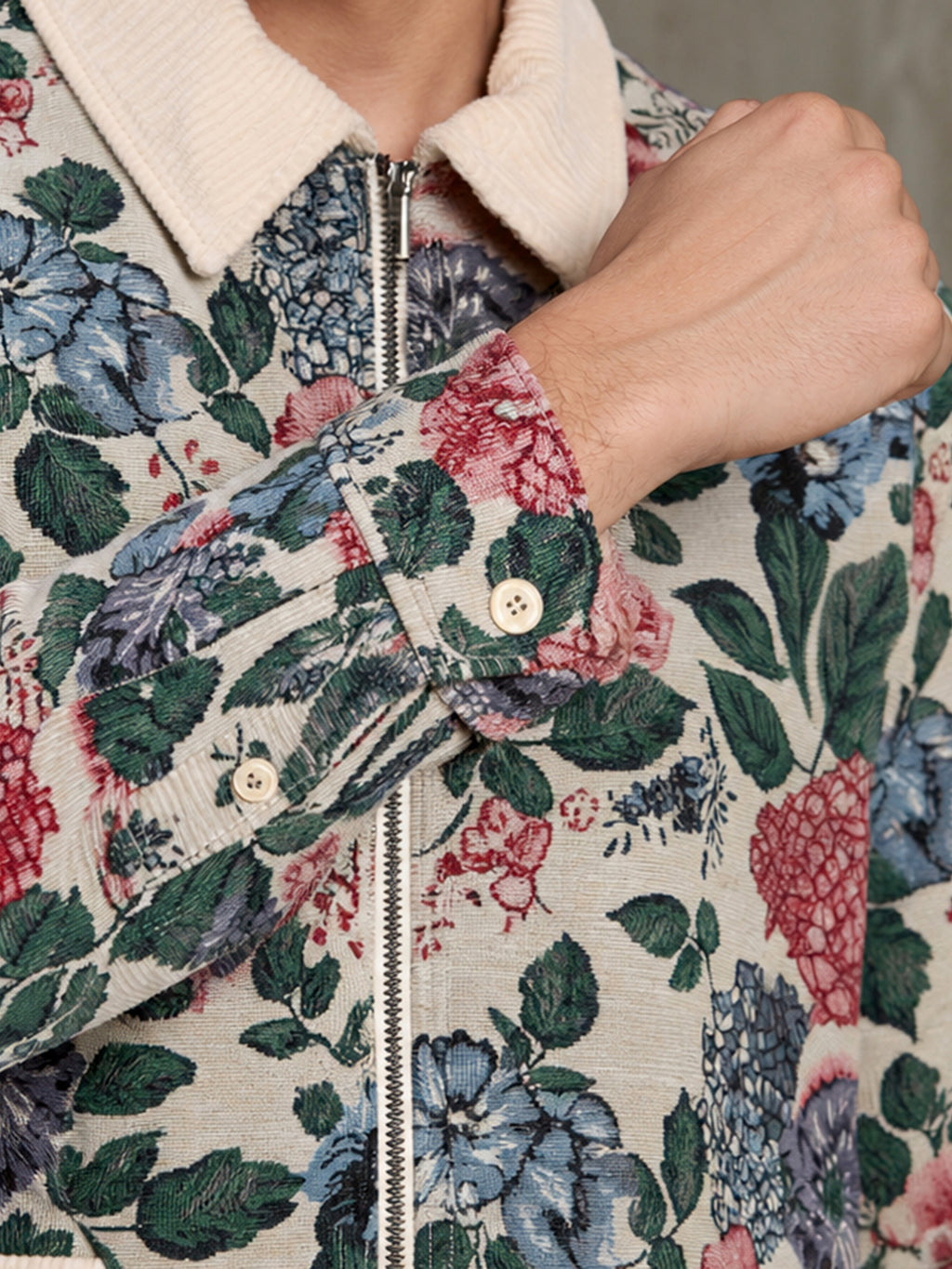 Cahoot Men's Beige Floral Tapestry Jacquard Jacket With Corduroy Detailing - view 8