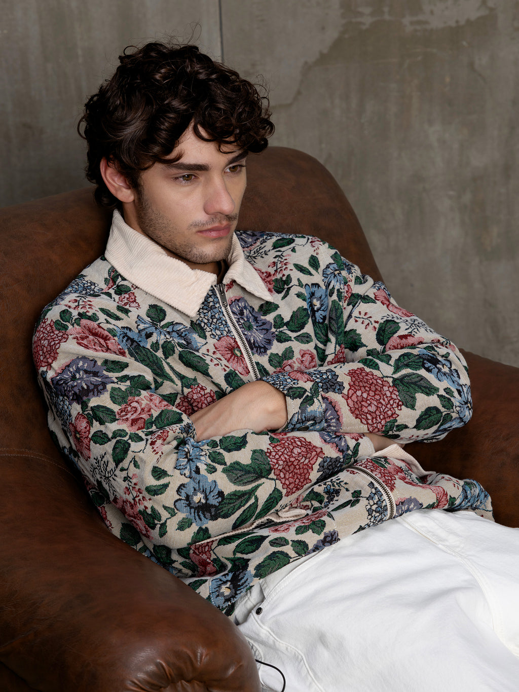 Cahoot Men's Beige Floral Tapestry Jacquard Jacket With Corduroy Detailing - view 9