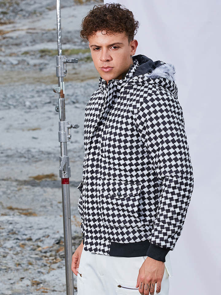 Checkboard Puffer Jacket With Fleece Hood