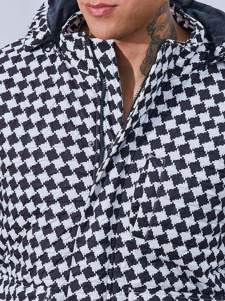 Checkboard Puffer Jacket With Fleece Hood