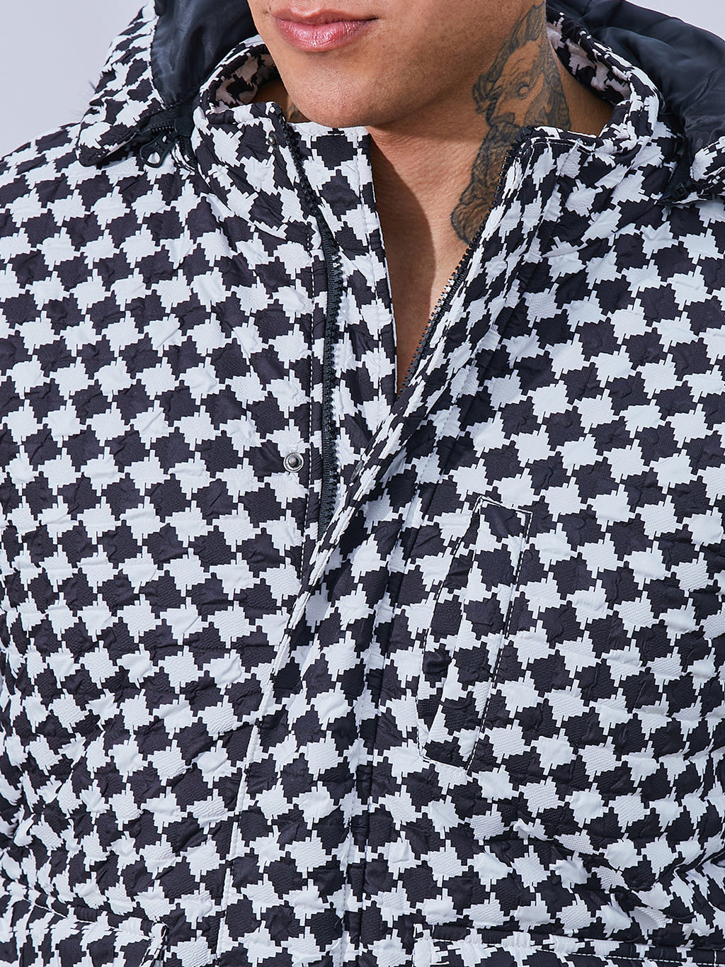 Checkboard Puffer Jacket With Fleece Hood