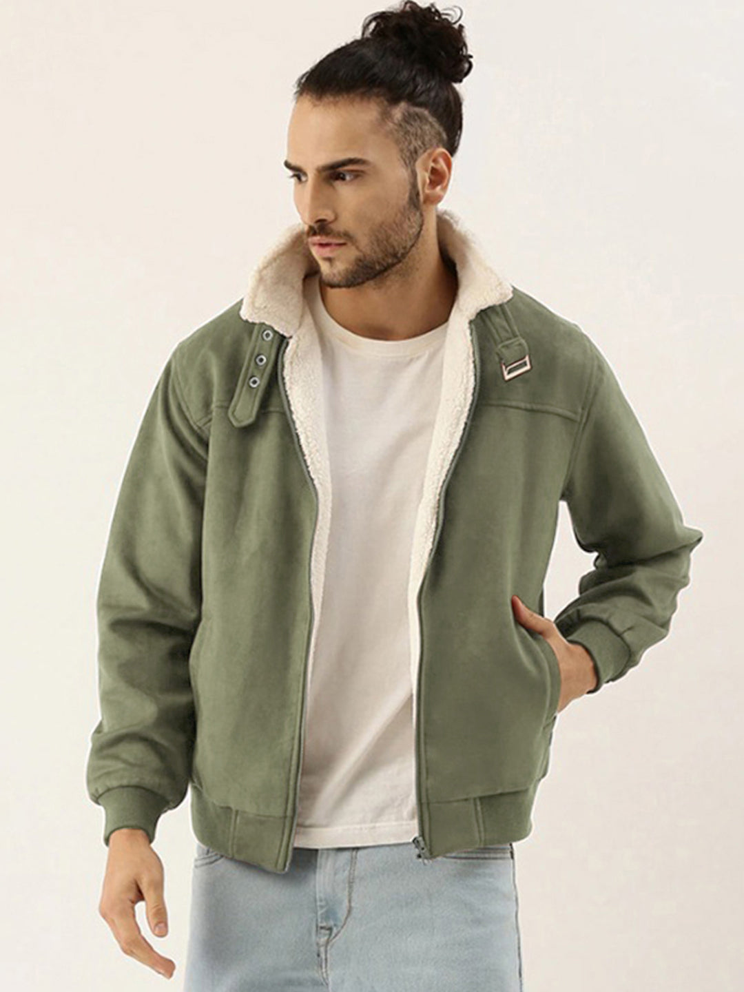 Cahoot men's Obsidian Green Fur-Lined Suede Bomber Jacket