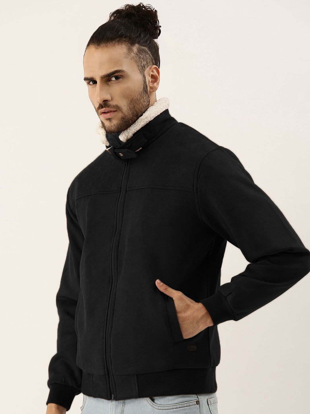 ₹1,799 | Cahoot men's Obsidian Black Fur-Lined Suede Bomber
