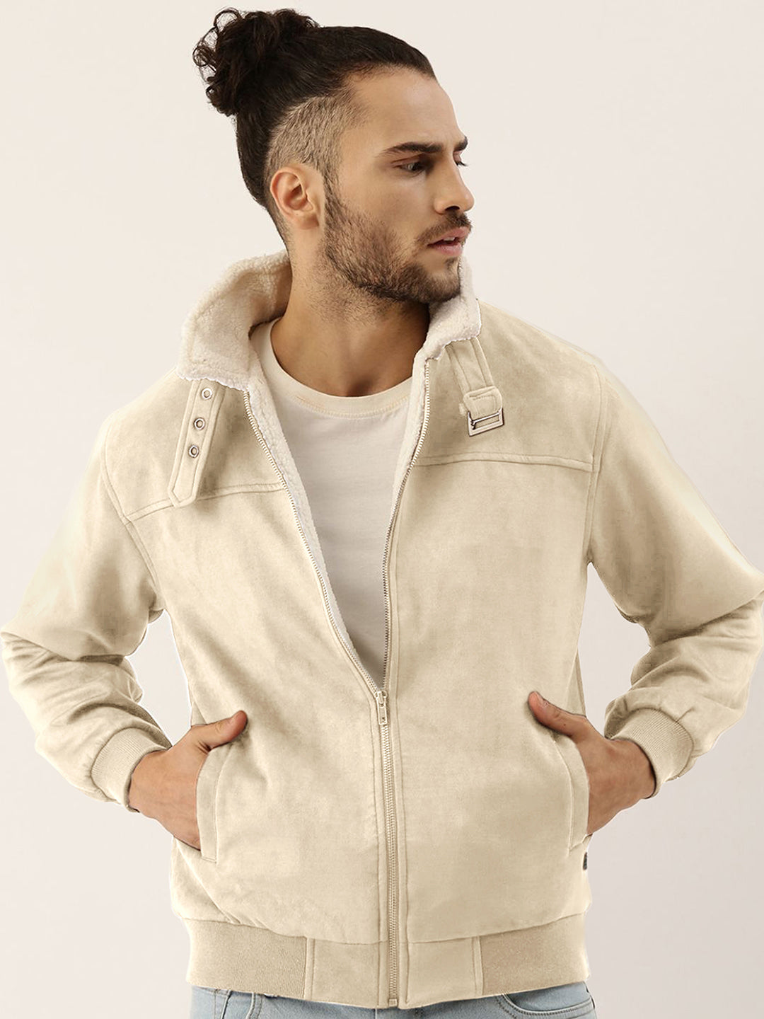 ₹1,799 | Cahoot men's Saltbox Beige Fur-Lined Suede Bomber Jacket