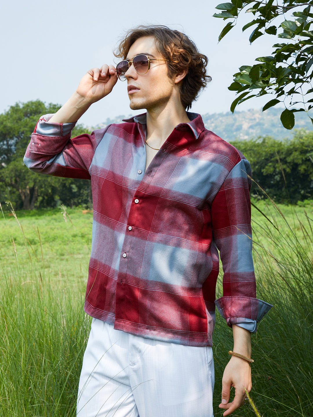 ₹1,299 | Cahoot men's Venetian Red & Coin Grey Vignette-Checkered