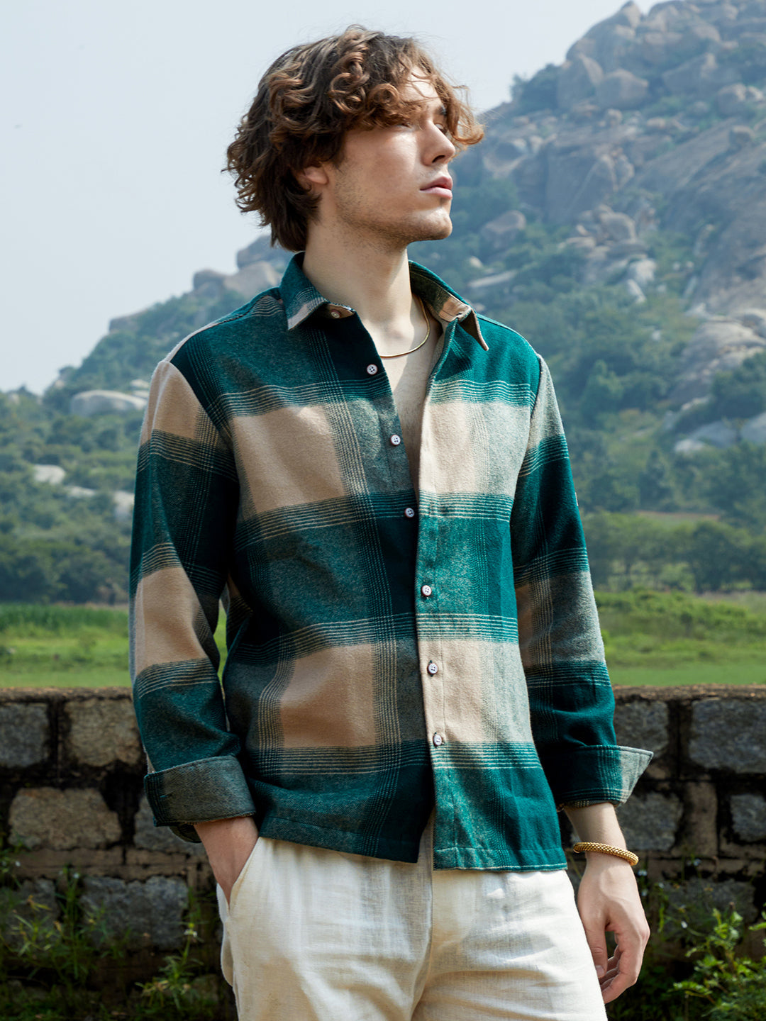 ₹999 | Cahoot men's Flannel Green & Buff Beige Vignette-Checked