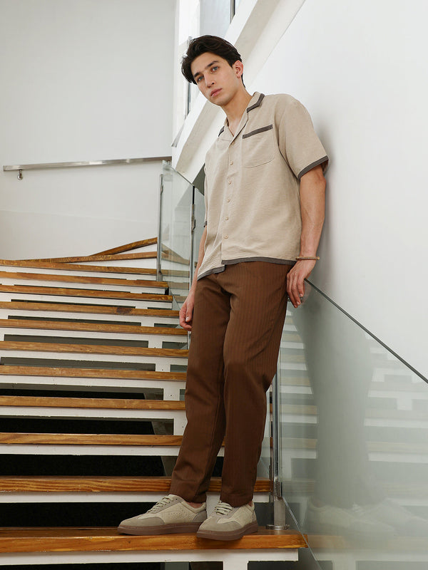 Beige Cuban Collar Shirt with Dark Brown Accents