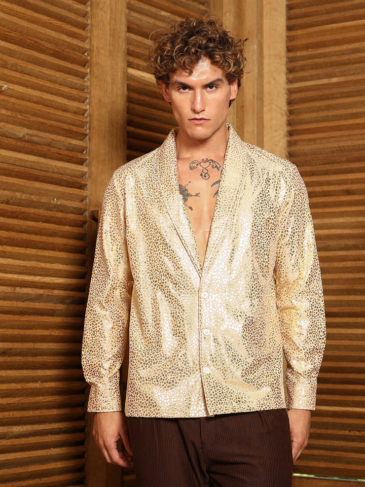 Metallic Shawl Collar Oversized Shirt